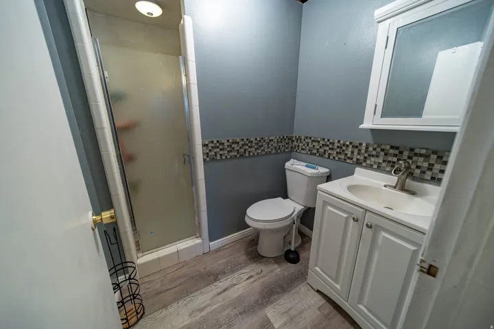 Full bath featuring vanity, light wood-style floors, and a shower stall