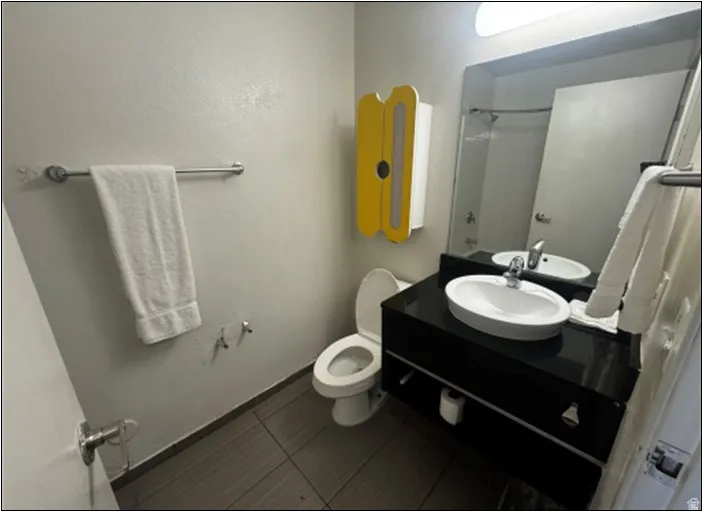 Full bathroom featuring vanity, a shower, and dark tile patterned floors
