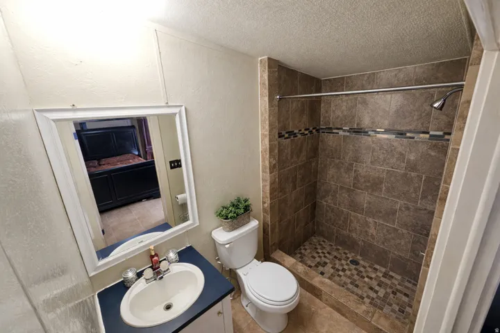 Bathroom featuring a textured wall, vanity, a stall shower, and a textured ceiling