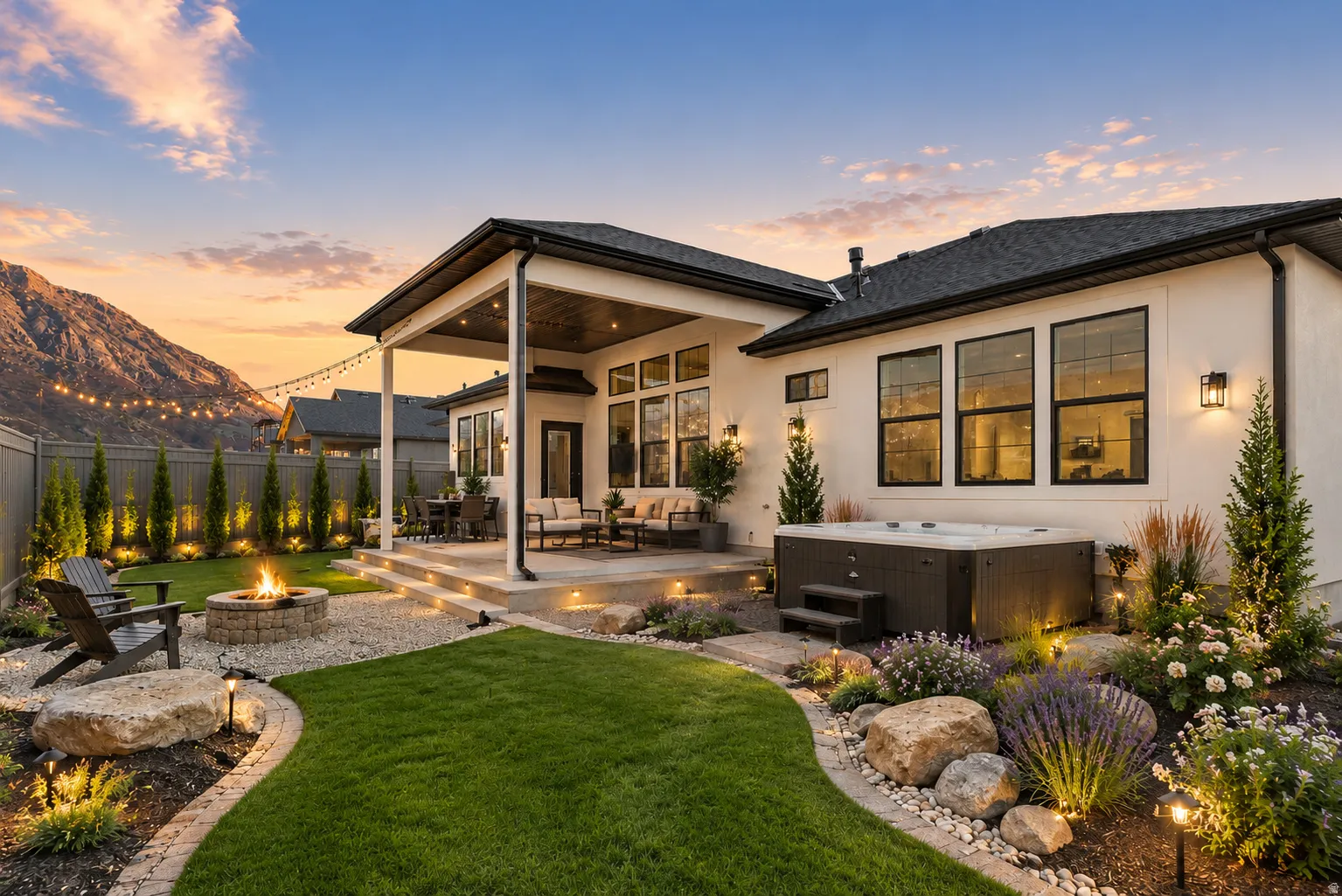 Expansive backyard featuring a covered patio, built-in fire pit, hot tub, and integrated landscape lighting