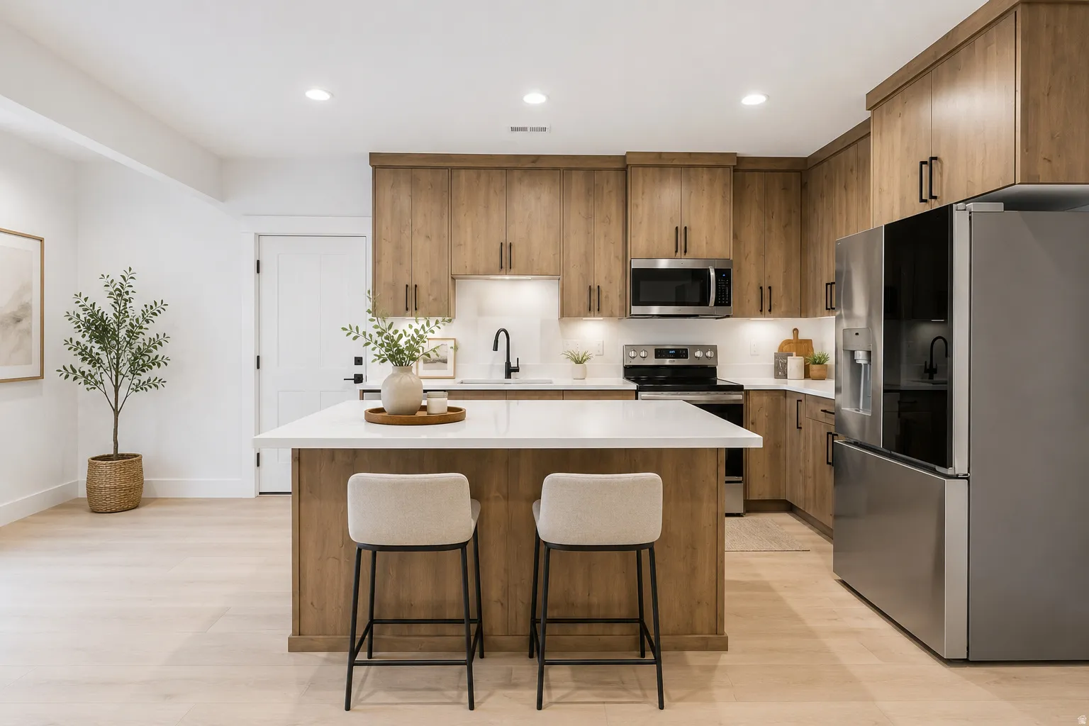 Modern kitchen featuring light wood-finish cabinetry, stainless steel appliances, a white countertop island, and light wood-finish flooring