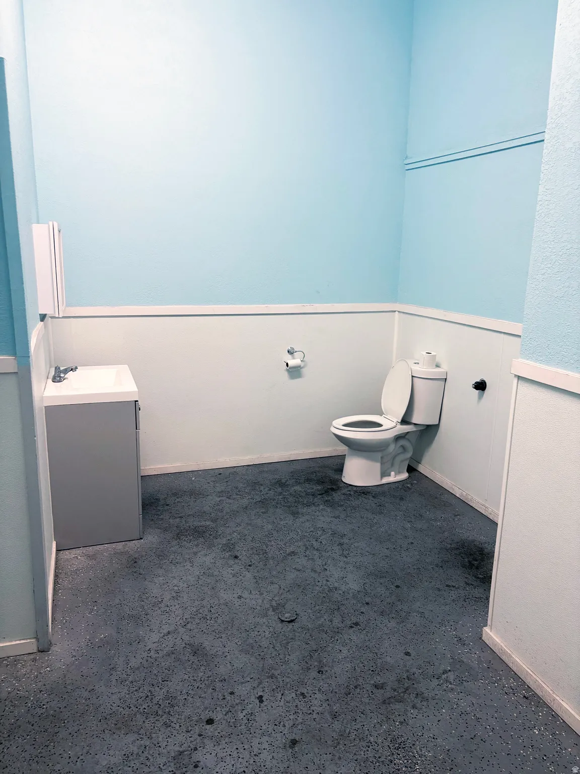 Half bathroom featuring dark colored carpet and vanity