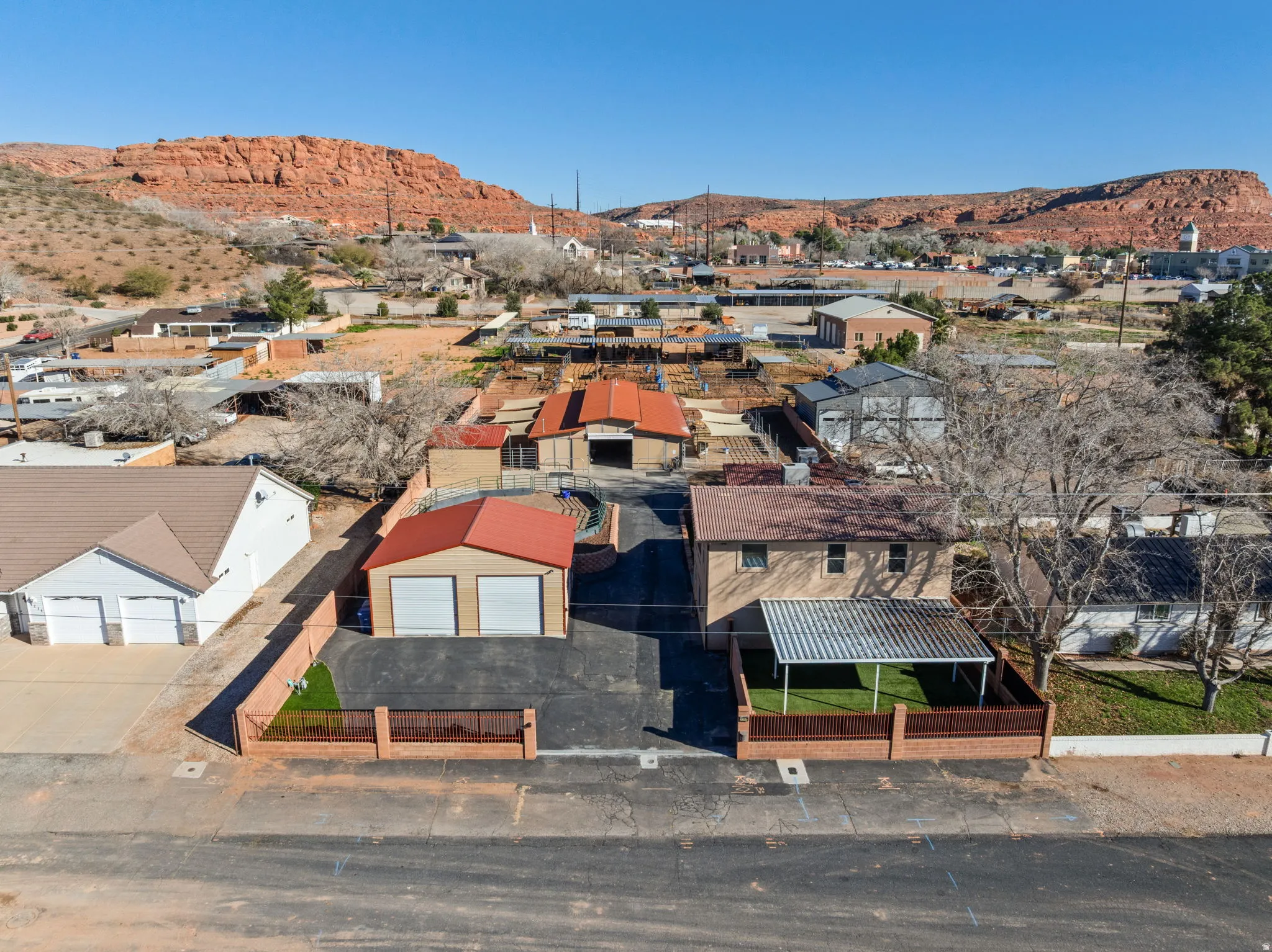 Aerial view of residential area with a mountain backdrop