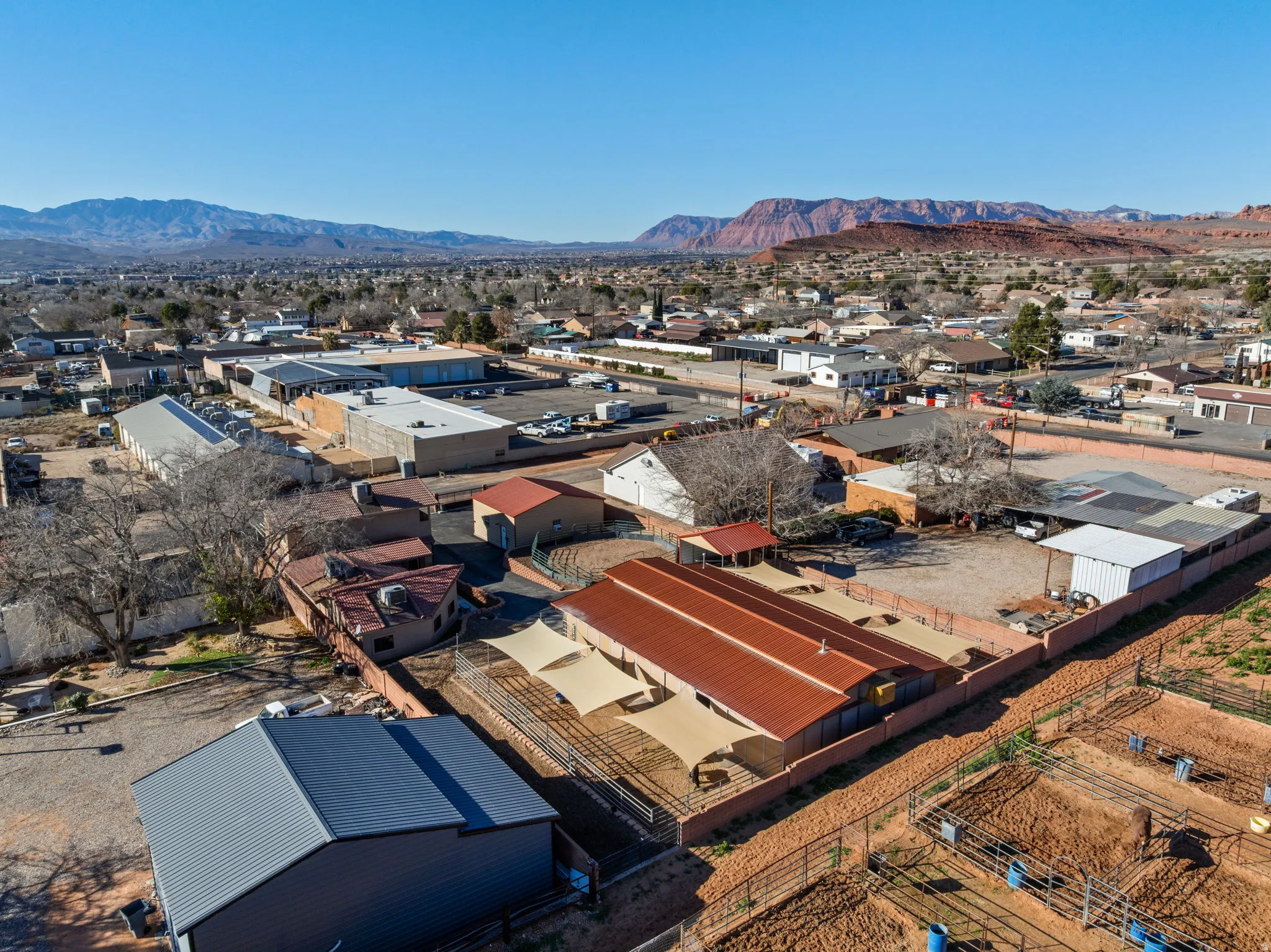 Aerial perspective of suburban area featuring mountains