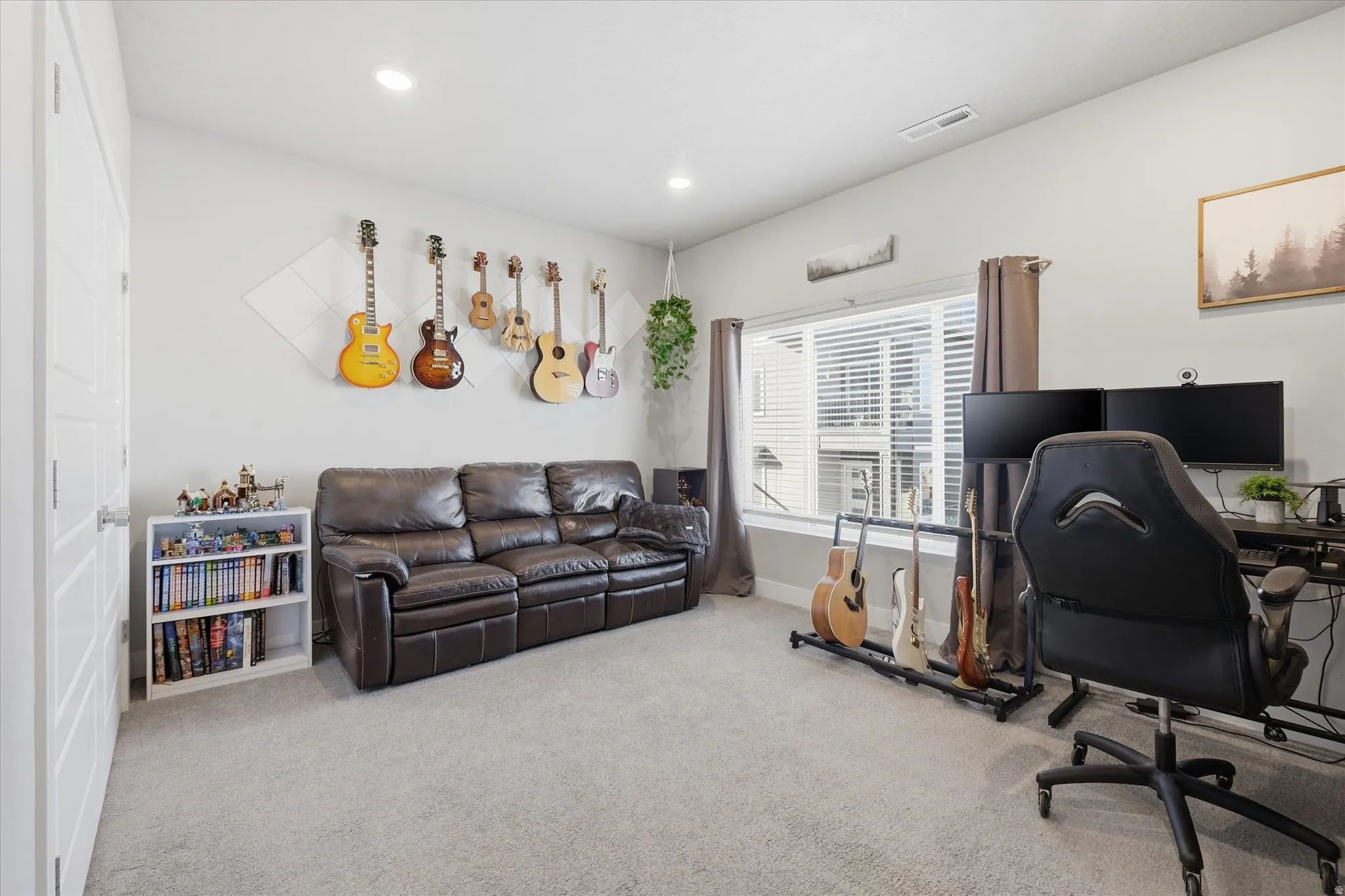 Home office featuring carpet and recessed lighting