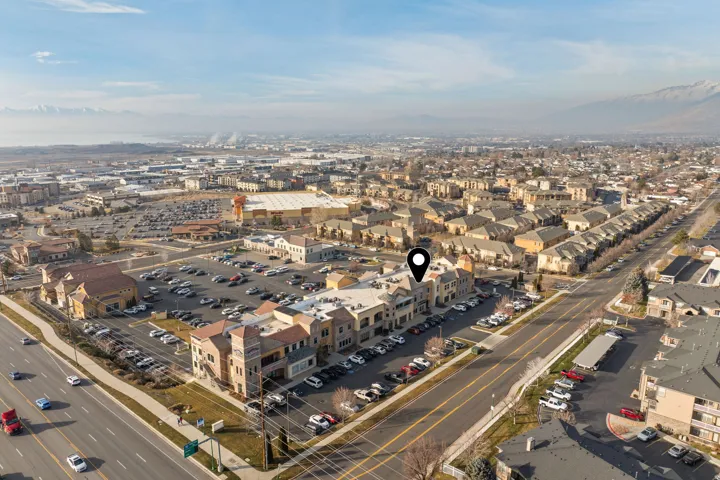 Aerial overview of property's location with a mountain backdrop