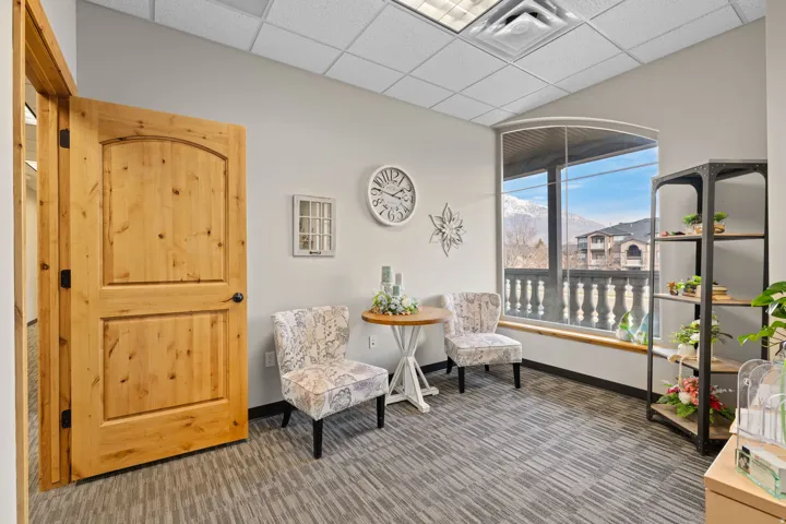 Sitting room with a paneled ceiling and a mountain view