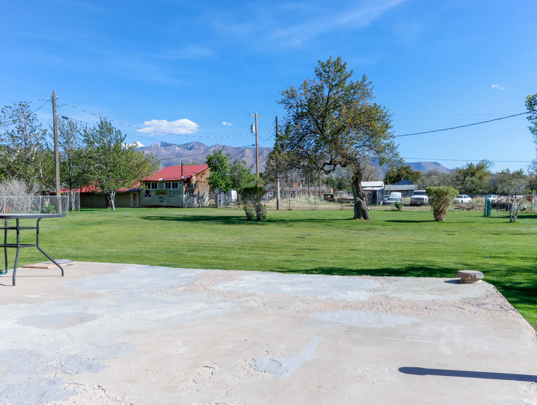 Expansive green lawn with mature trees and a concrete patio