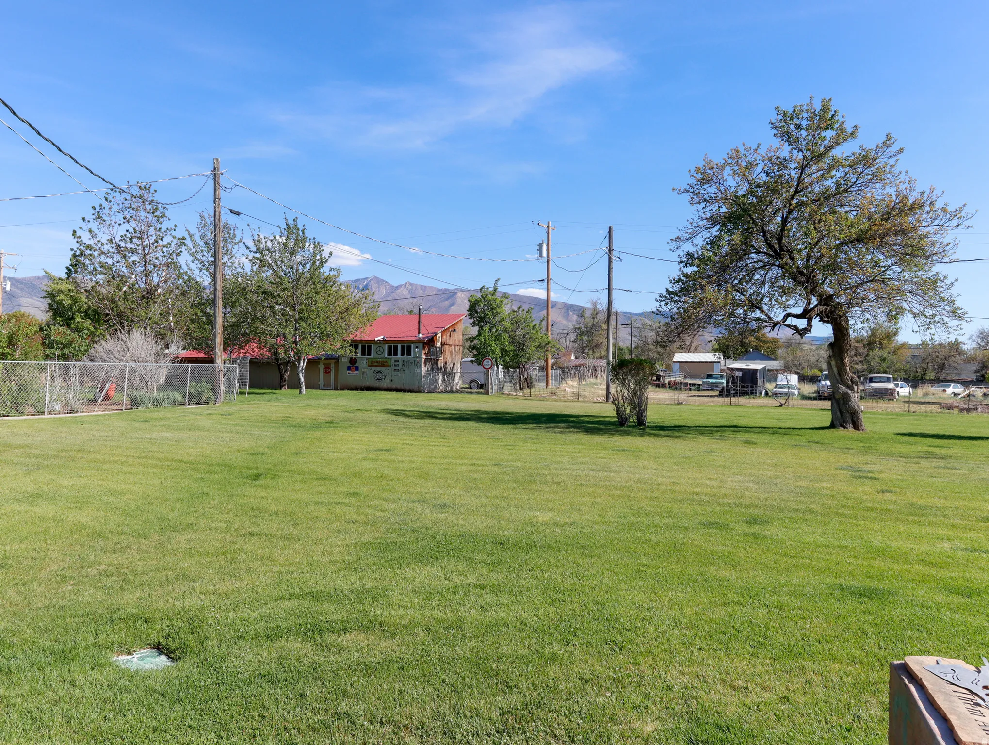 Expansive green lawn with mature trees and a chain-link fence
