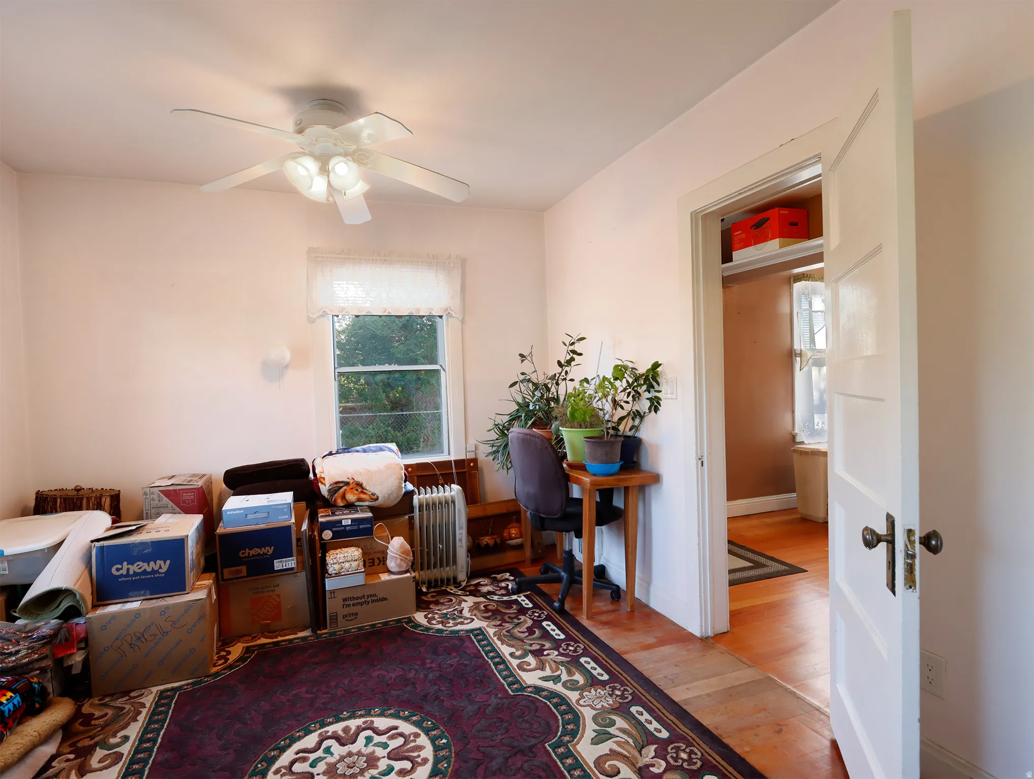 Room featuring a single window, a ceiling fan with integrated lighting, and a doorway opening to an additional space