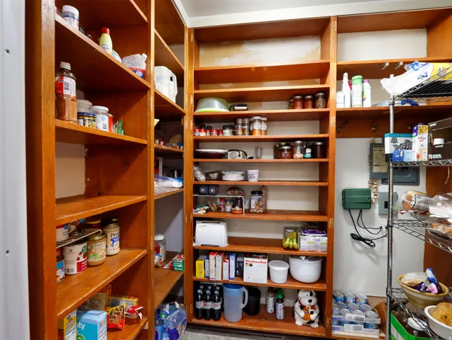 Extensive pantry featuring built-in wooden shelving, additional metal wire shelving, and overhead lighting