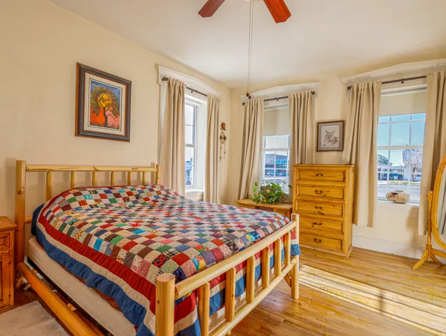 Room featuring two large windows with drapes, a ceiling fan, and light-toned wood-finish flooring