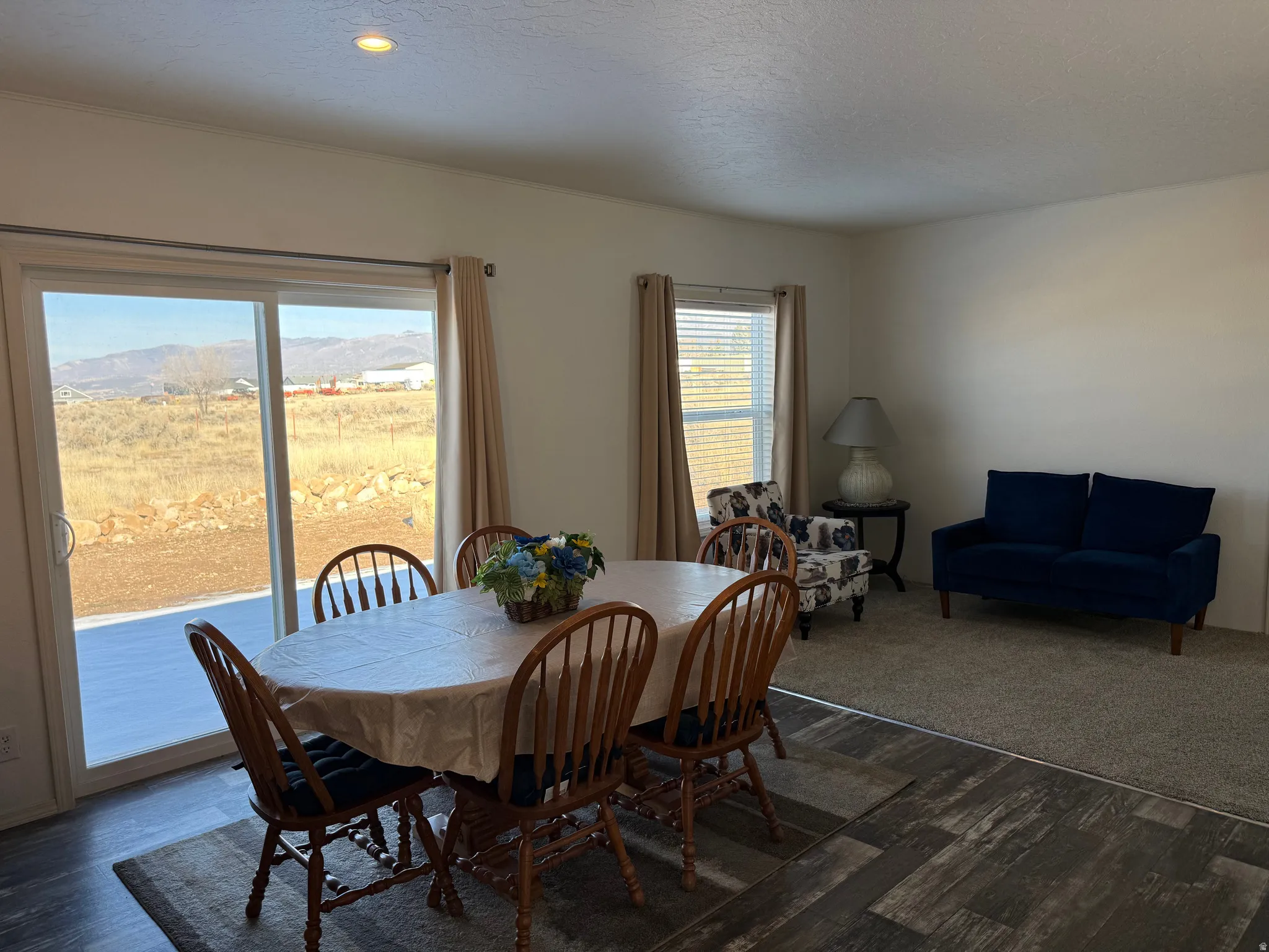 Dining space with dark wood finished floors, a textured ceiling, and a mountain view