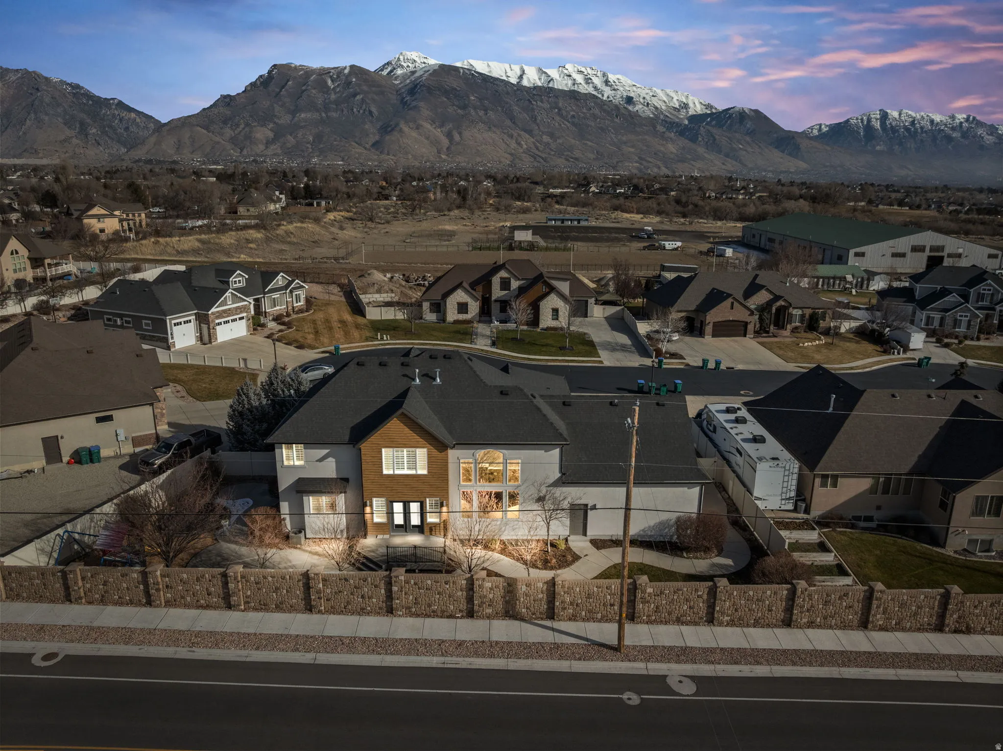 Aerial view of residential area with mountains
