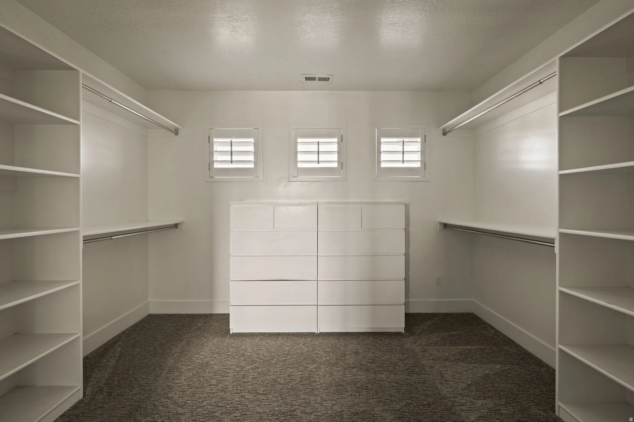 Spacious closet with dark carpet