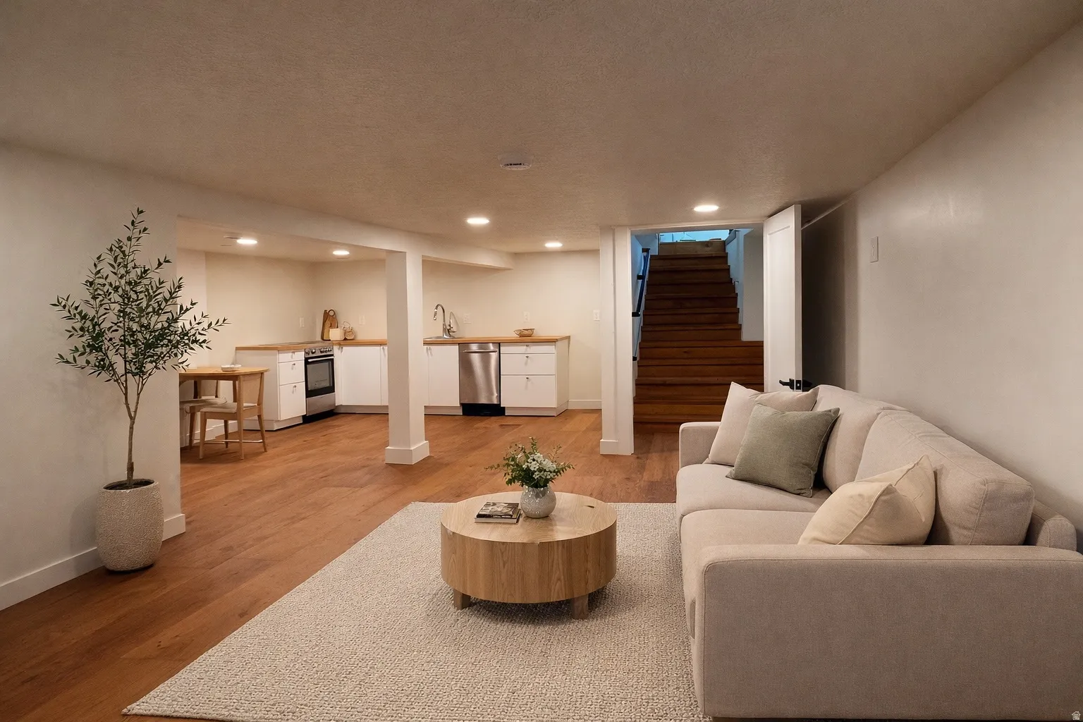 Virtually staged. Living area with stairway, a textured ceiling, light wood-type flooring, and recessed lighting