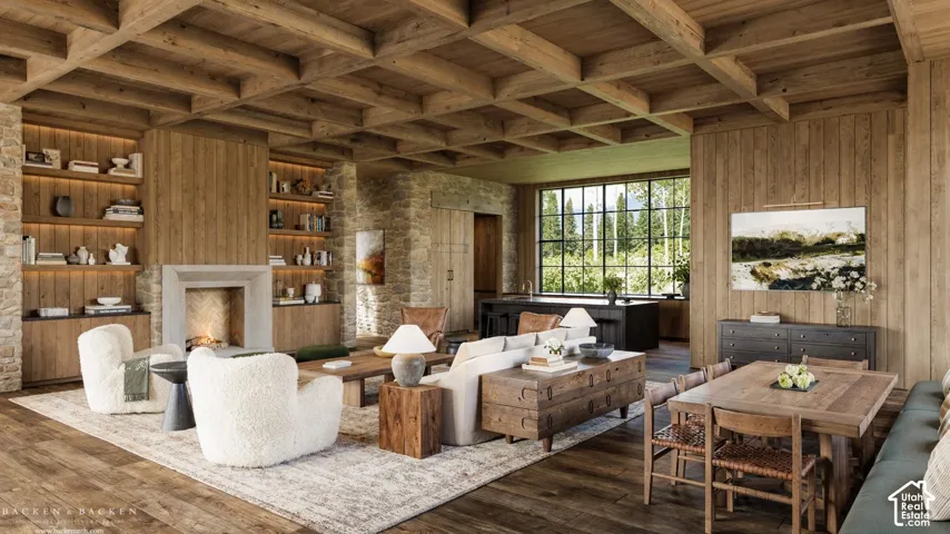Living area featuring a wood ceiling with exposed beams, wood walls, coffered ceiling, built in shelves, and hardwood / wood-style flooring