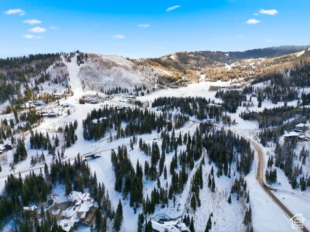 Snowy aerial view featuring a mountain view