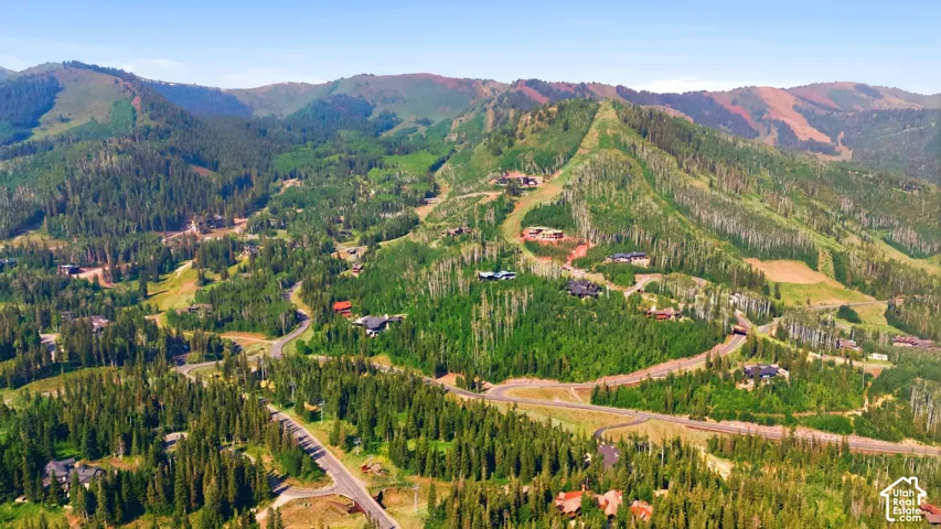 Expansive mountain landscape featuring dense evergreen forests and scattered residential properties, with paved roadways traversing the terrain