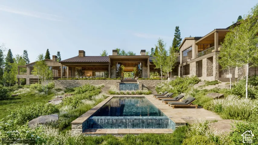 View of swimming pool featuring a patio and stairs