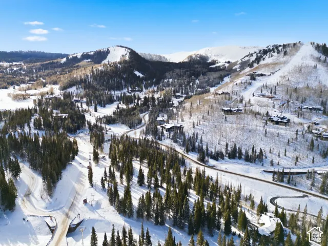 Snowy aerial view featuring a mountain view