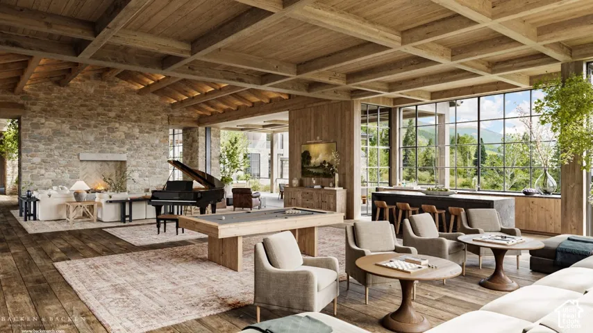 Common area with wooden ceiling