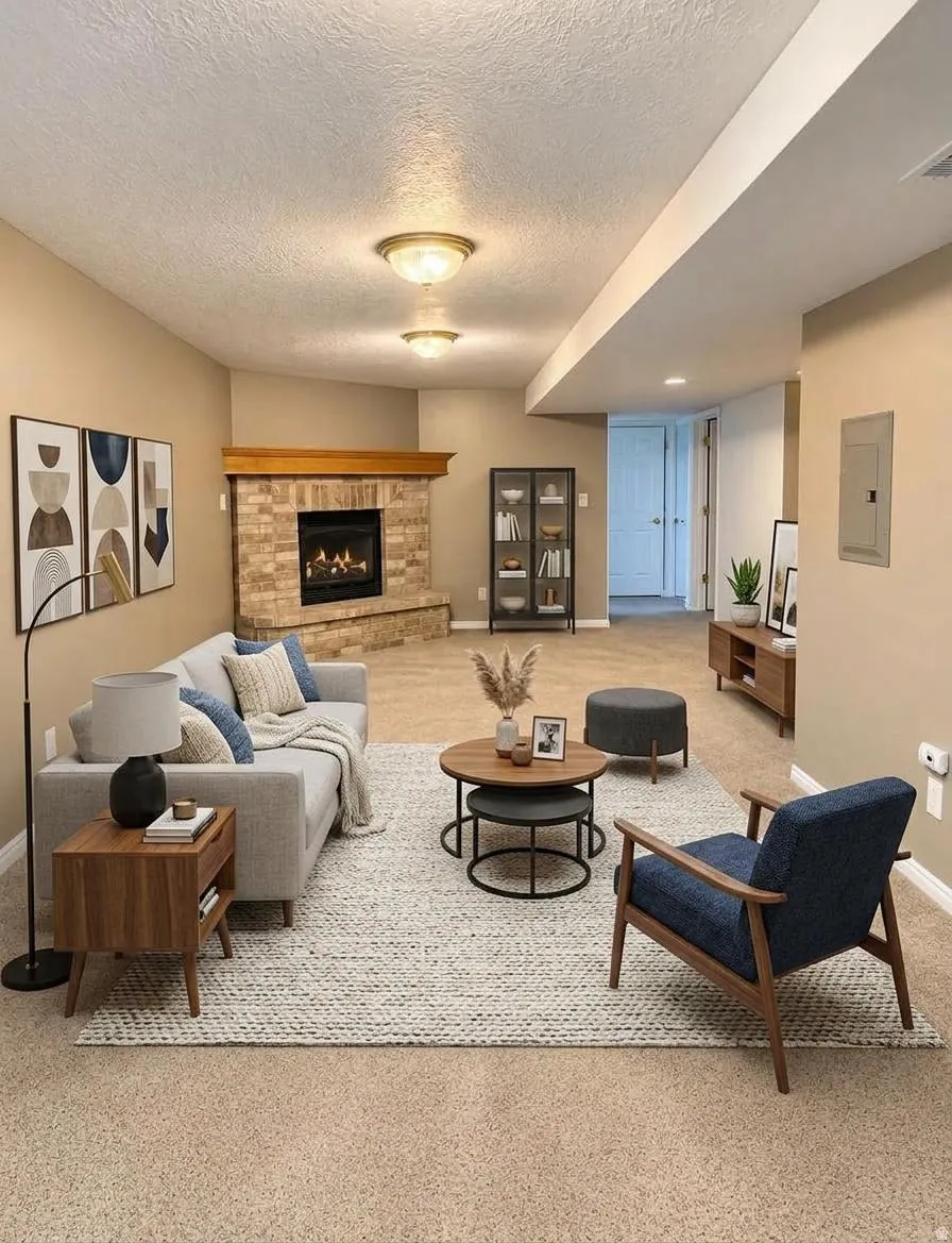 Virtually staged family room in the basement.