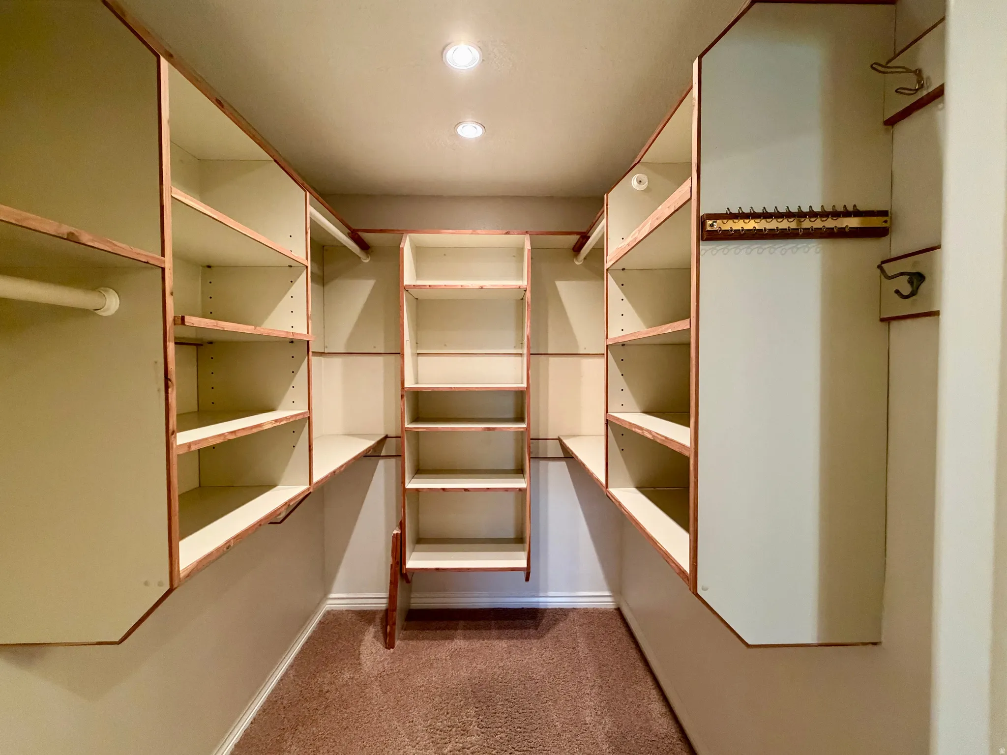 Spacious closet with dark carpet