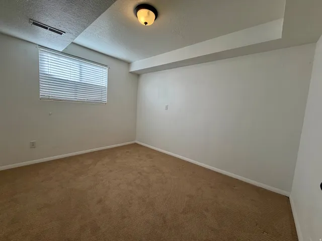Empty room featuring carpet flooring and a textured ceiling