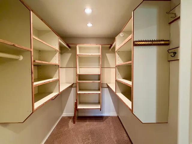 Spacious closet with dark carpet