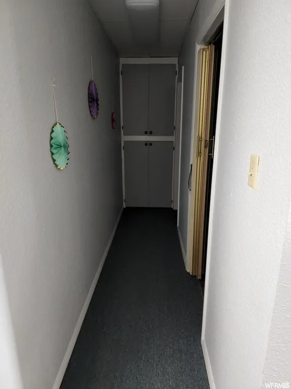 Hallway with dark carpet and a textured wall