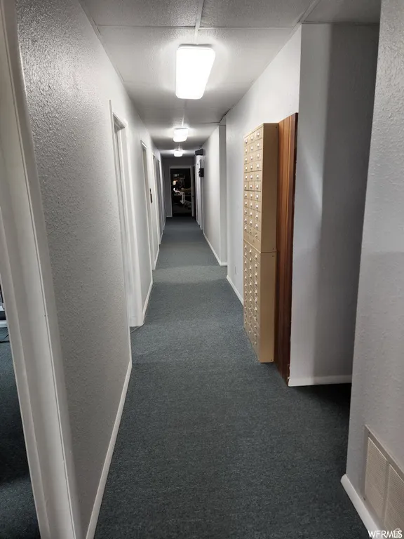 Hall with a textured wall, dark colored carpet, and mail area