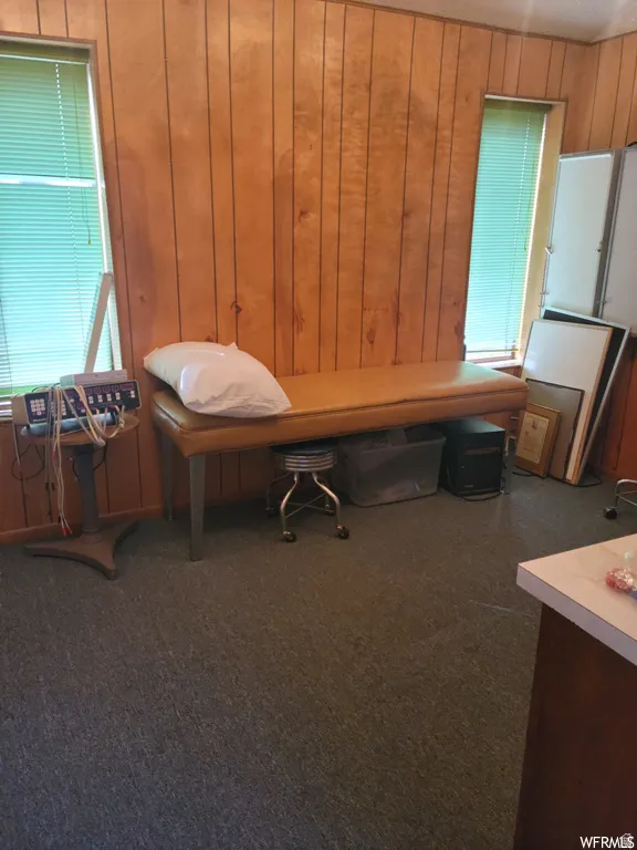 Home office with dark carpet and wooden walls