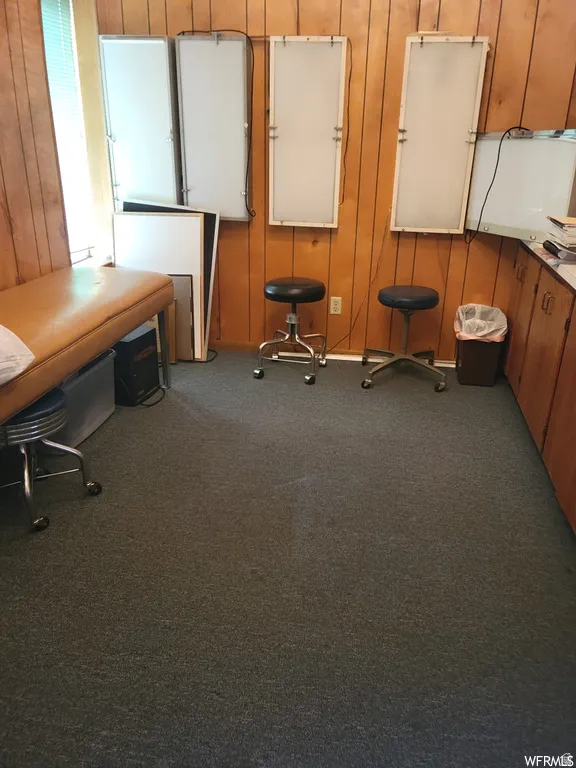 Office space with wooden walls