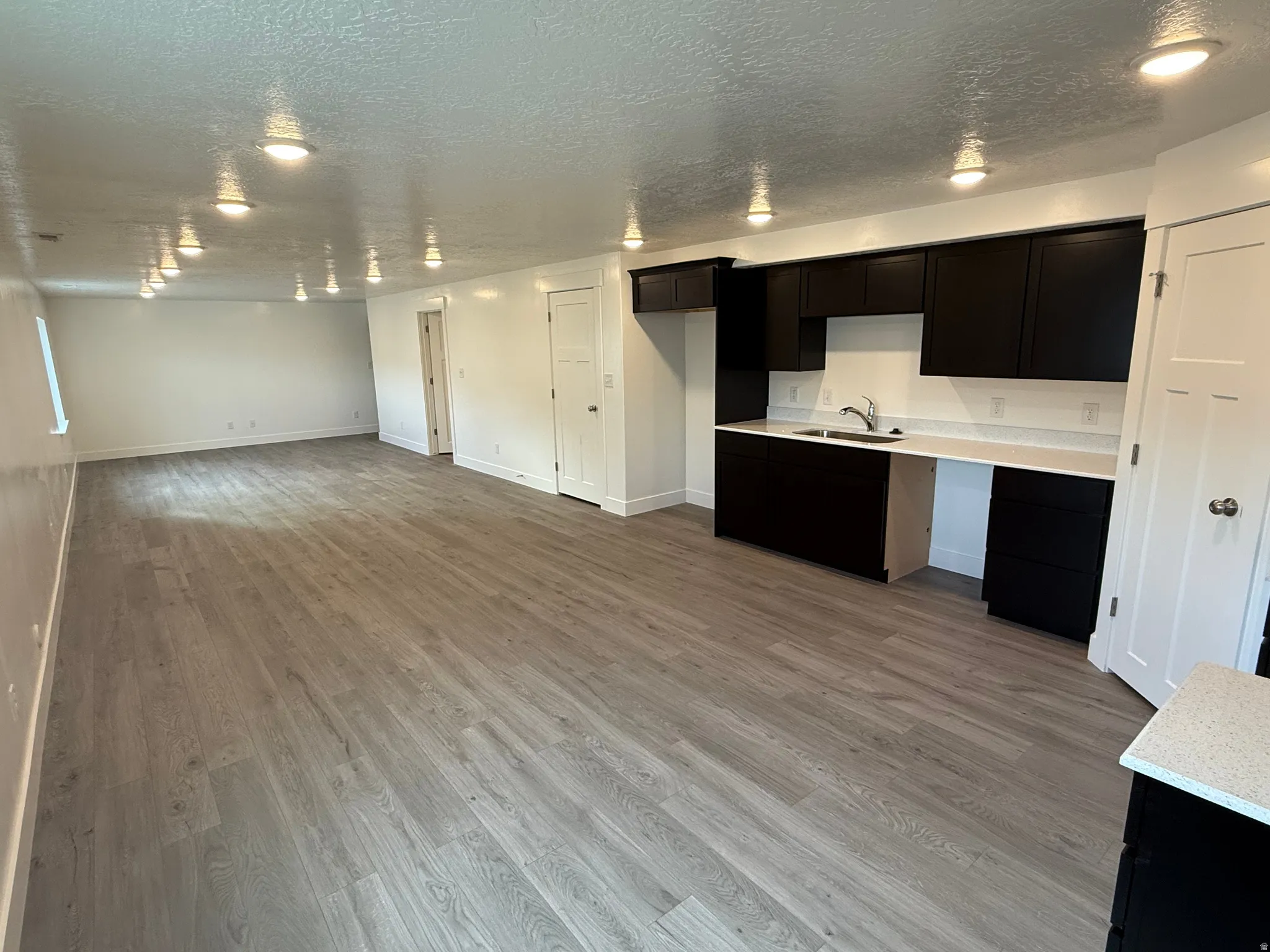 Kitchen featuring dark cabinetry, light wood-style floors, and a textured ceiling