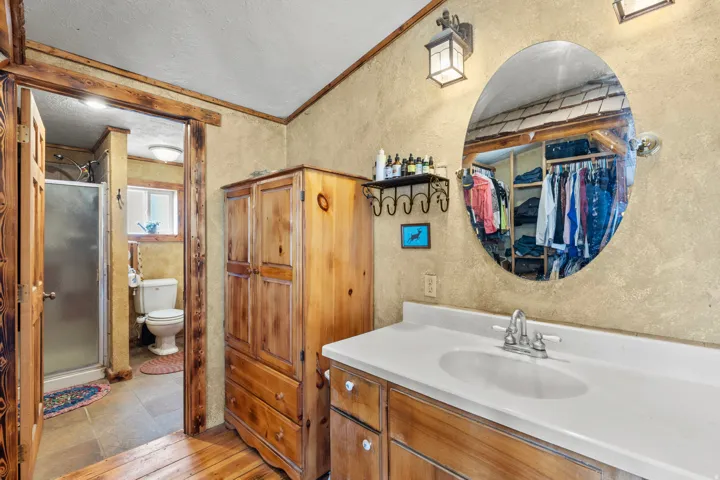 Bathroom with ornamental molding, vanity, a textured wall, a shower stall, and a walk in closet