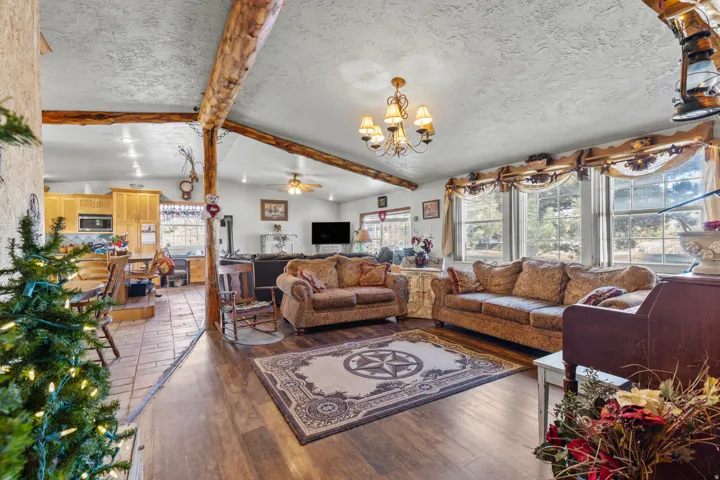 Living room with dark wood-style flooring, a ceiling fan, a chandelier, and a textured ceiling