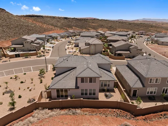 Aerial view of residential area with mountains