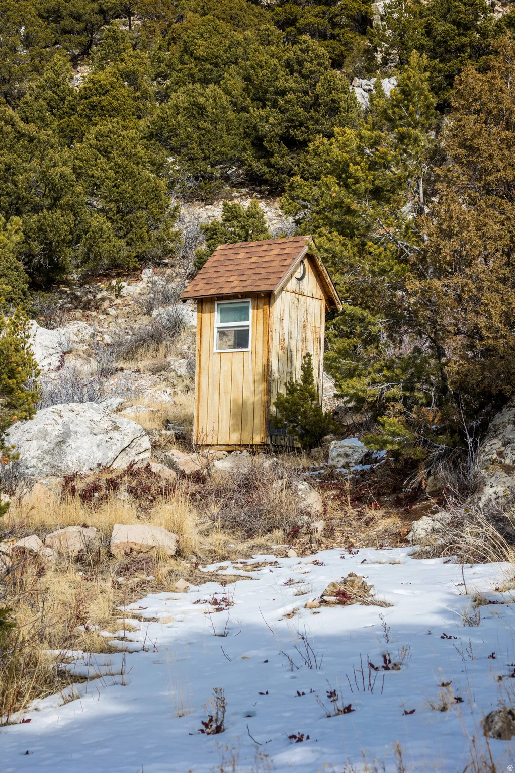 Snow covered structure with a shed