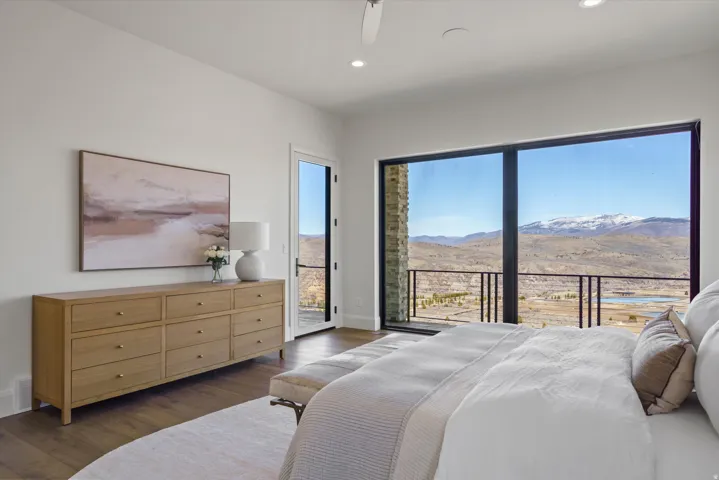 Bedroom featuring access to exterior, a mountain view, dark wood-style flooring, ceiling fan, and recessed lighting