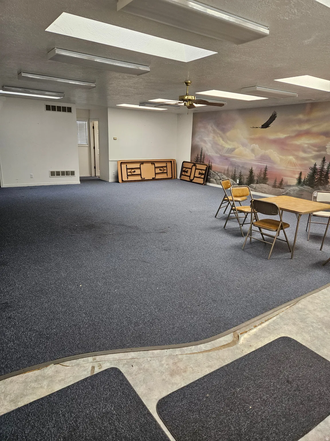 Misc room featuring a skylight and a textured ceiling