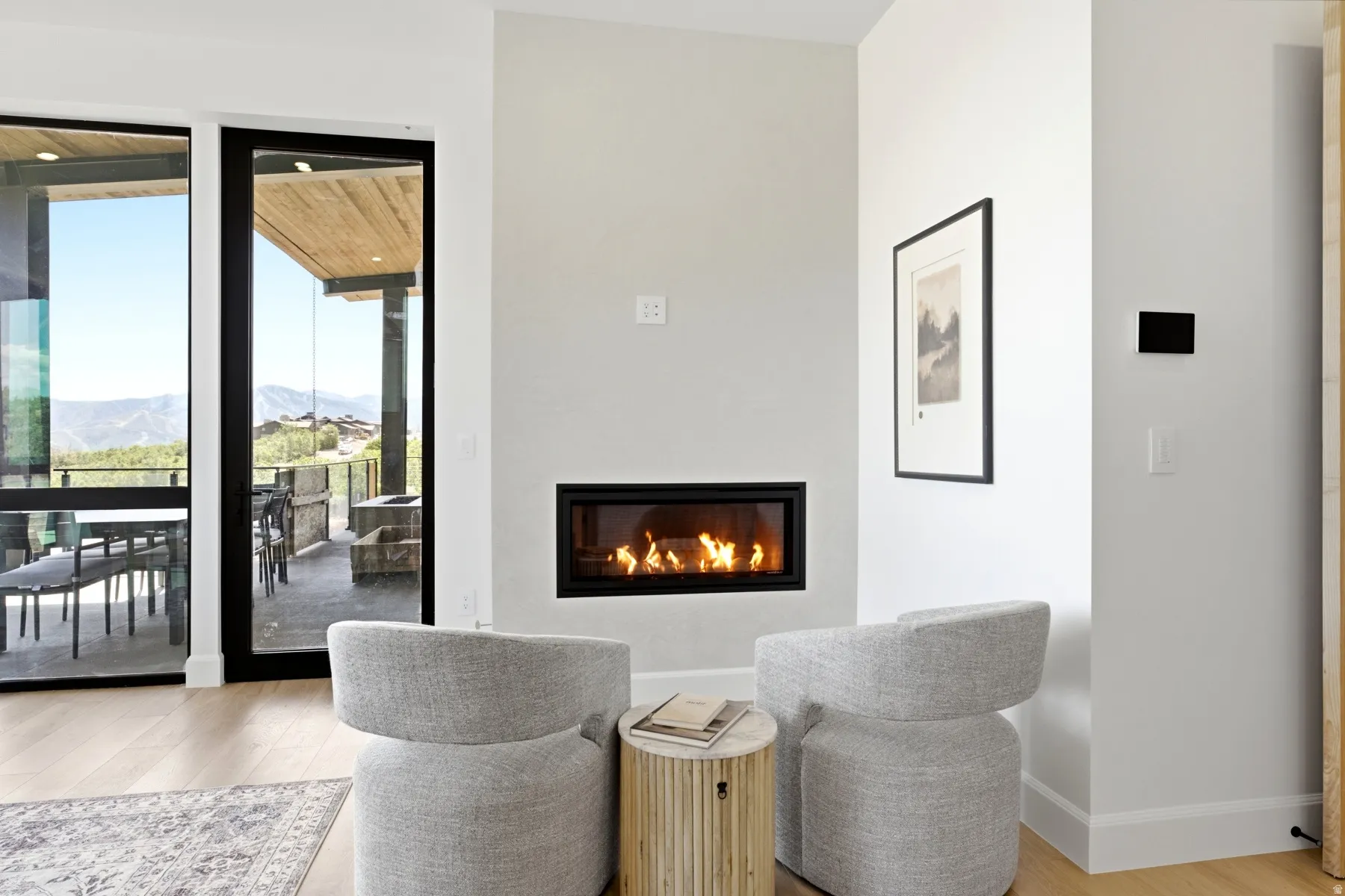 Contemporary gas fireplace with a black surround