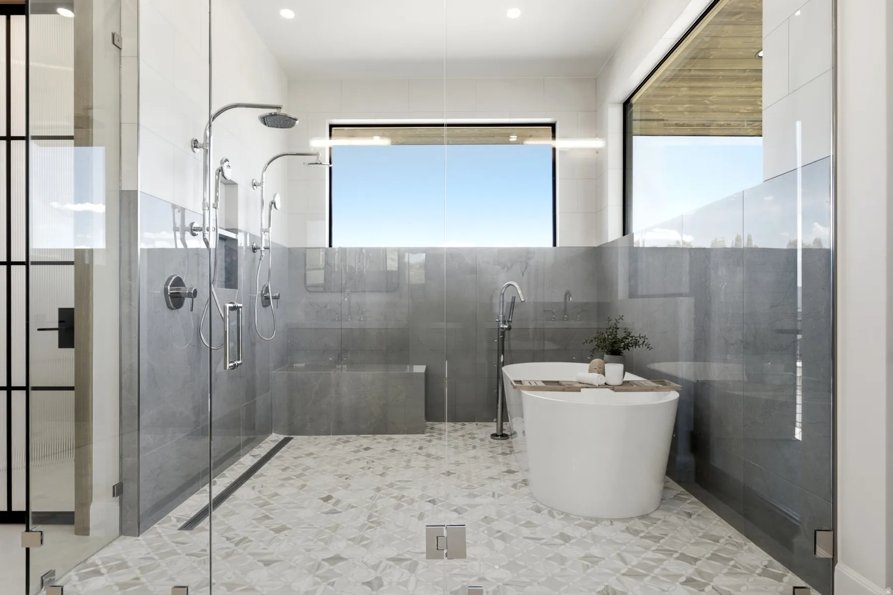 Spa-inspired bathroom featuring a freestanding soaking tub, a spacious glass-enclosed shower with multiple showerheads, geometric patterned floor tiling, large format wall tiling, and ample natural light from high windows