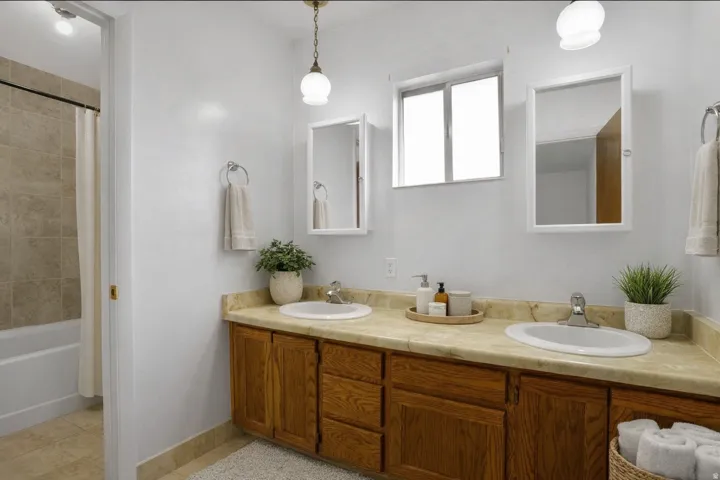 Full bathroom featuring double vanity, shower / bath combo with shower curtain, and light tile patterned flooring