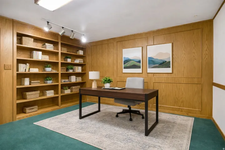 Office featuring rail lighting, wood walls, light carpet, and built in shelves