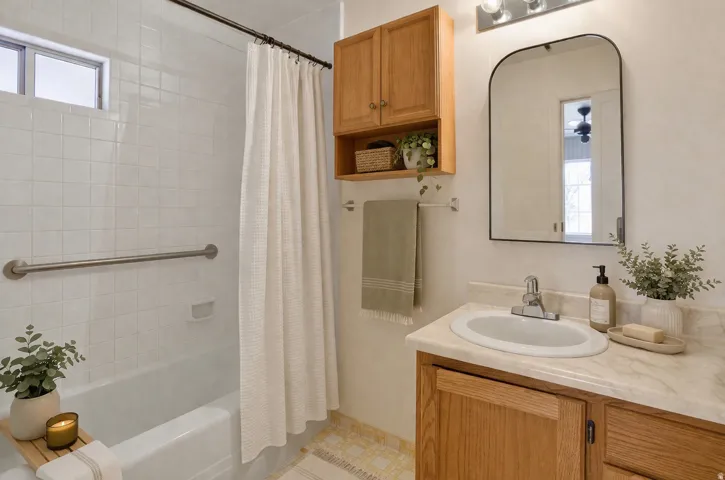Bathroom featuring vanity and shower / tub combo