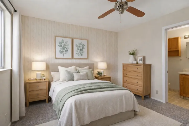 Bedroom with carpet floors, a ceiling fan, ensuite bath, and wallpapered walls
