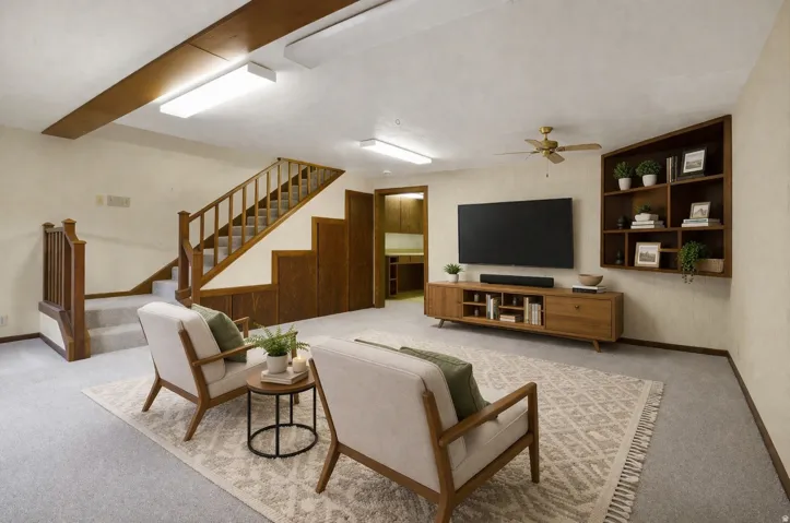 Living area featuring light colored carpet and ceiling fan
