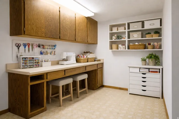 Bar area featuring light countertops, light floors, wood finish cabinetry, and open shelves