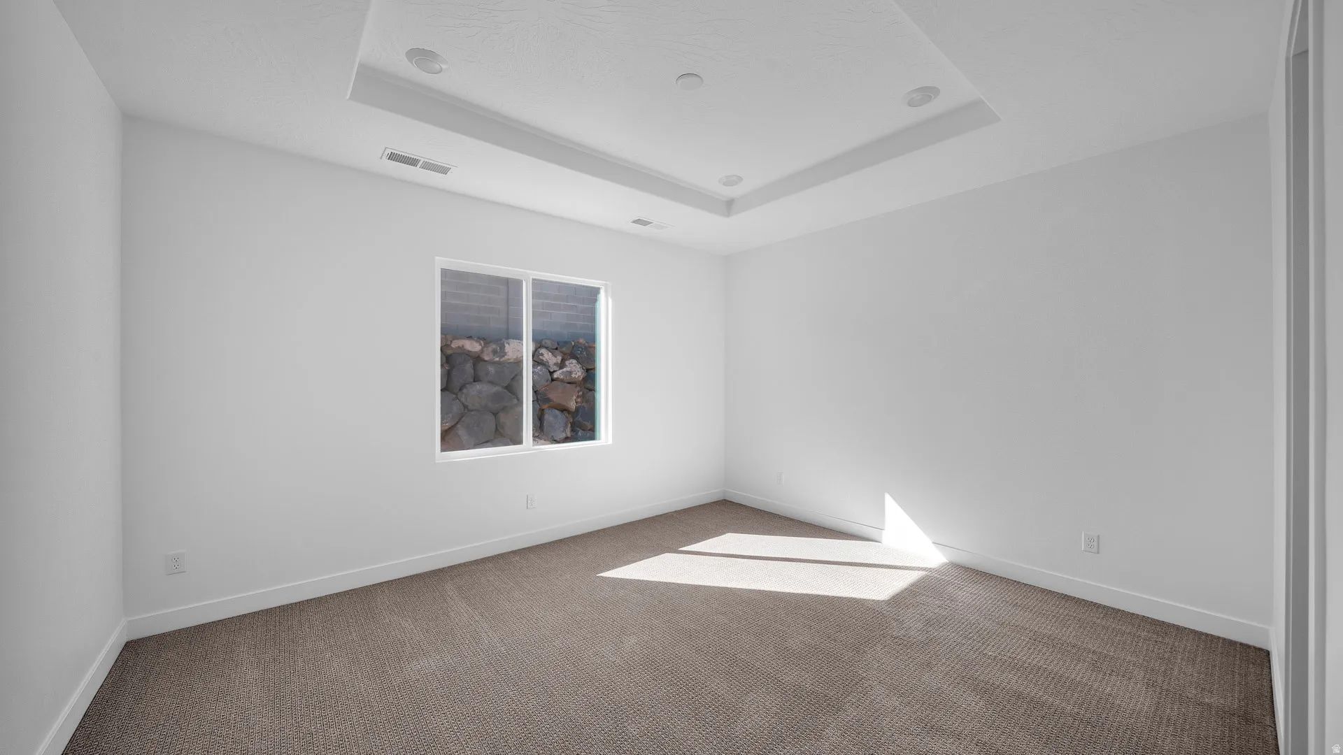 Carpeted spare room featuring a raised ceiling and baseboards